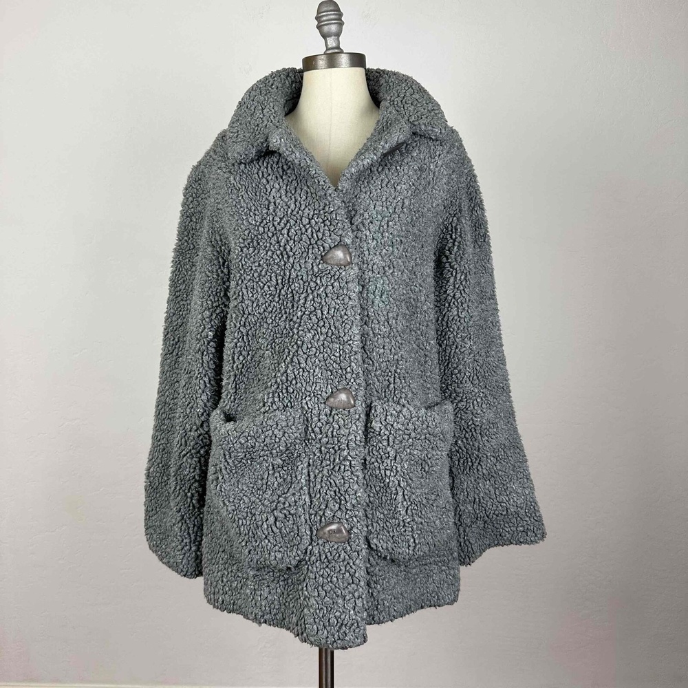 John Caruana Grey Button Up Collared Sherpa Coat Size Small
